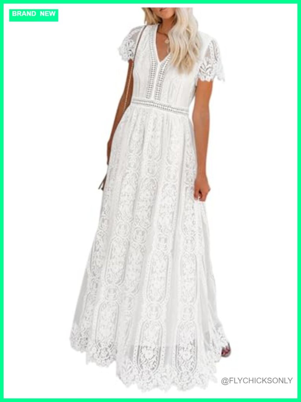 V Neck Short Sleeve Floral Lace A Line Maxi Dress